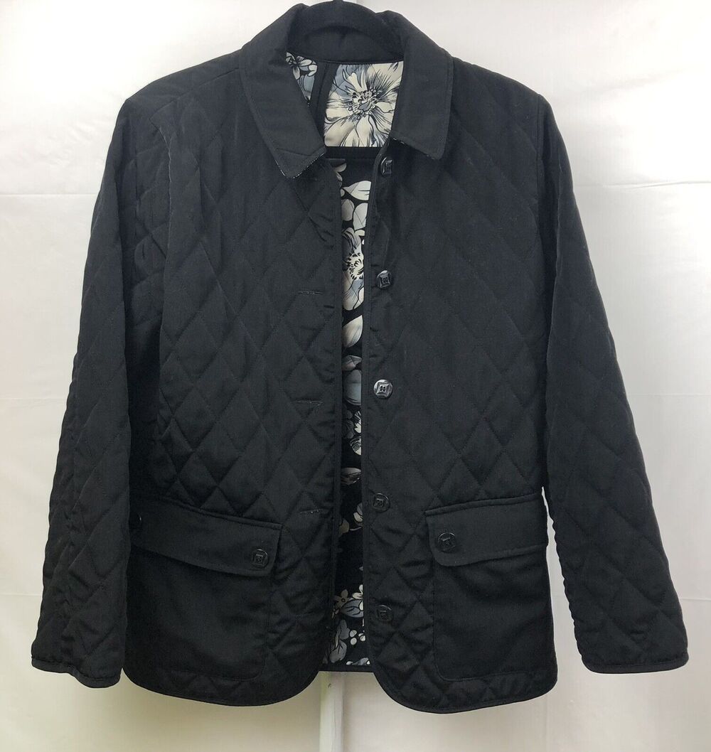Susan Graver Reversible Quilted Coat Women Small Black Floral Pockets Casual